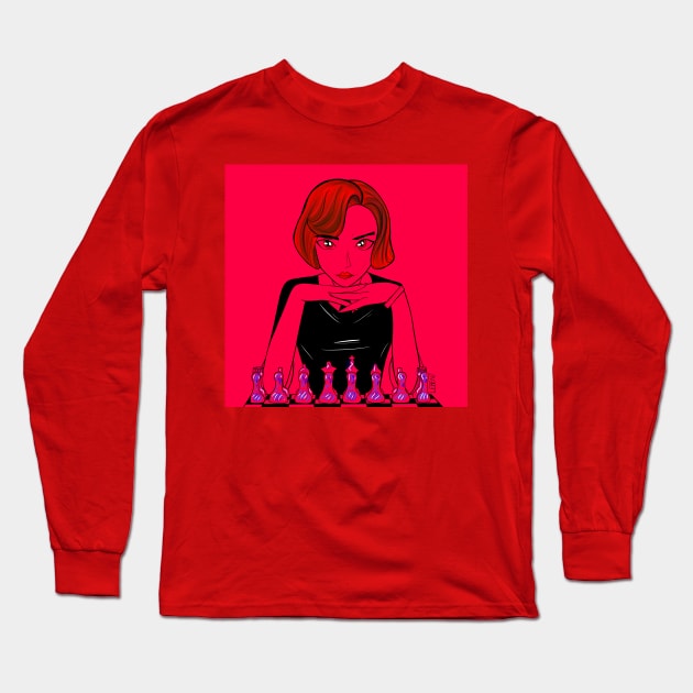 Red lady Chess beth harmon Long Sleeve T-Shirt by jorge_lebeau